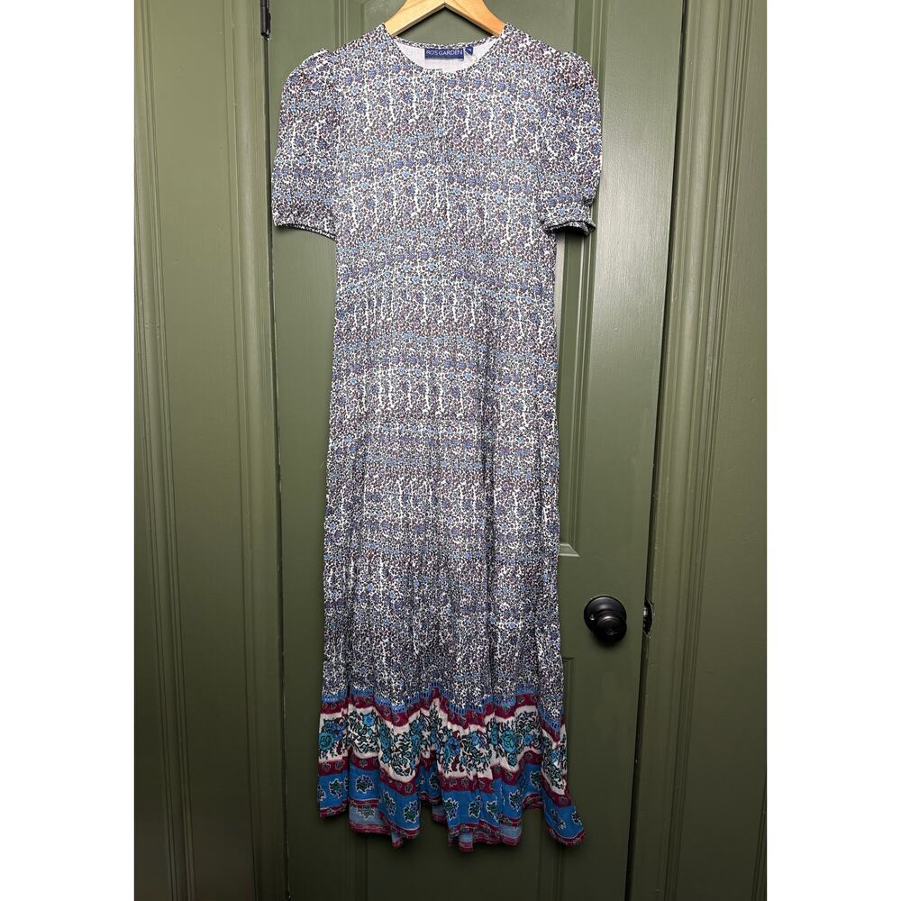 NWT Ro's Garden Daphne Midi Floral Eyelet Hem Cottage Boho Dress Blue Aix XS